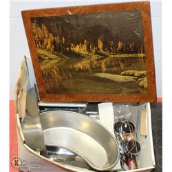 BOX WITH STAINLESS STEEL BED PANS, LIGHTERS ETC