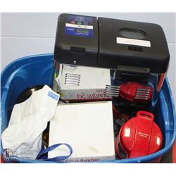 TOTE OF KITCHEN ITEMS INCL HAMILTON BEACH COOKER,