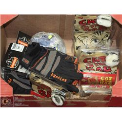 BOX WITH NEW GLOVES, GIFT ITEMS, AND EAR PLUGS
