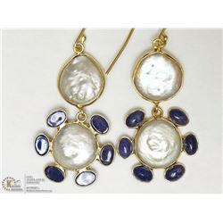 ST. SILVER GOLD PLATED PEARL & TANZANITE EARRINGS