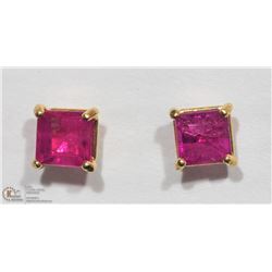14K YELLOW GOLD RUBY PRINCESS CUT STUD EARRINGS