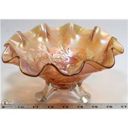 MARIGOLD CARNIVAL GLASS RUFFLED EDGE FOOTED BOWL
