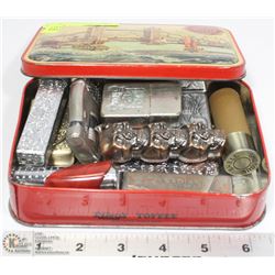 VINTAGE TIN WITH ASSORTED LIGHTERS