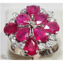 STERLING SILVER RUBY FLORAL CLUSTER RING