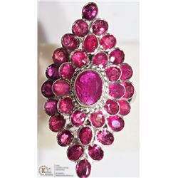 STERLING SILVER RUBY FLORAL CLUSTER COCKTAIL RING