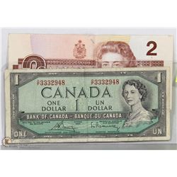 1954 $1 CANADIAN BILL WITH PREFIX O/F AND 1986 $2
