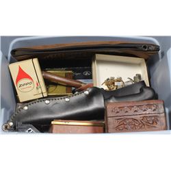 ESTATE MINI TOTE OF COLLECTIBLE KNIVES, CLOCKS,