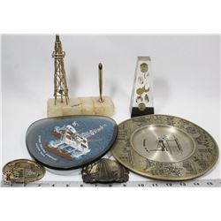 ESTATE BOX WITH COLLECTIBLE OIL RIG PLATES, BELT