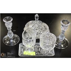 LOT OF PINWHEEL CRYSTAL INCL CANDLE HOLDERS,