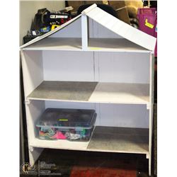 LARGE BARBIE HOUSE WITH TOTE OF 7 DOLLS &