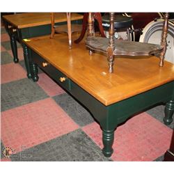 DARK GREEN AND WOOD PINE MATCHING COFFEE TABLE &