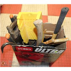 BOX WITH HANDSAWS, PRYBAR, PRUNERS AND MORE