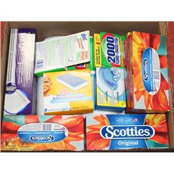 BOX OF KLEENEX, PAPER TOWEL AND CLEANING SUPPLIES