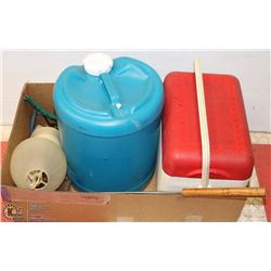 LARGE BOX OF CAMP GEAR INCL. CAMPLIGHT,