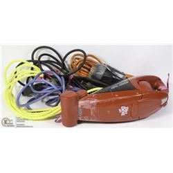 BOX OF 3 POWER CORDS, 1/2 & 1/4 RATCHETS, DIRT