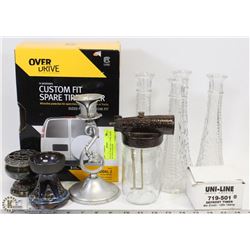 FLAT W/ SPARE TIRE COVER, VASES & CANDLE HOLDER