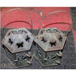 SET OF 2 ESTATE ANTIQUE CAST IRON CANDLE LANTERNS