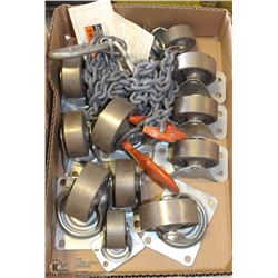 FLAT OF 11 VARIOUS METAL CASTORS AND 1 METAL