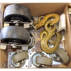 BOX WITH 5 MISC CASTORS AND 5 MISC METAL BOOKS