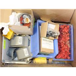 LARGE BOX OF ELECTRICAL SUPPLIES INCLUDING HEAT