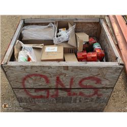 WOODEN STORAGE BOX FILLED WITH OIL AND AIR FILTERS