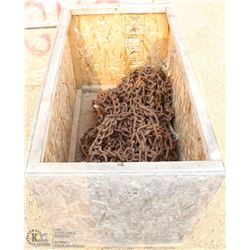 WOODEN STORAGE BOX FILLED WITH HEAVY LOADER CHAINS