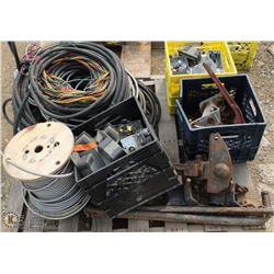 SKID OF MISC ELECTRICAL BOXES WIRE SPOOL OF