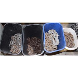 4 BINS OF CHAINS WITH PULL ALONG HOOKS