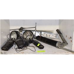 SHELF OF MISC INCLUDING MOTOROLA RADIOS, COUPLE