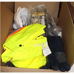 BOX OF MISC WORK GLOVES AND HI-VIS PANTS SIZE XL