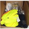 Image 1 : BOX OF MISC WORK GLOVES AND HI-VIS PANTS SIZE XL