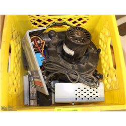 YELLOW CRATE OF MISC ELECTRICAL SUPPLIES