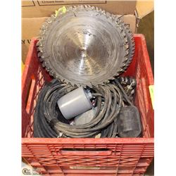RED CRATE OF USED SAW BLADES & ELECTRICAL SUPPLIES