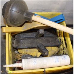 YELLOW CRATE OF MISC CLEANING SUPPLIES
