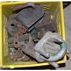 YELLOW CRATE OF CLAMPS AND CHAINS