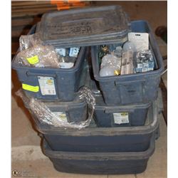 LOT OF 6 TOTES OF CHECK CHAINS, DOOR SLOPS+MORE