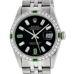 Rolex Mens Stainless Steel 1.00ctw Emerald and Diamond Datejust Wristwatch