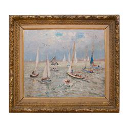 French Impressionist Painter Andre Hambourg Painting Entitled ''Temps Doux Pour Les Yachts, Deauvill