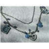 Image 4 : VINTAGE NECKLACE - BLUE BEADS  - HEART, SQUARE AND OVAL PENDANTS ACCENTED WITH RHINESTONES
