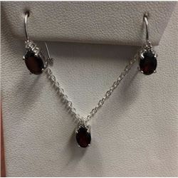 NEW EARRINGS & NECKLACE SET - 3CT OVAL FACETED GARNET & DIAMONDS IN STERLING SILVER SETTING - INCLUD