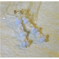 EARRINGS - NATURAL LIGHT BLUE AMAZONITE GEMSTONE BEADS & CLEAR BEADS - APPROX.2" LONG - 925 SILVER P