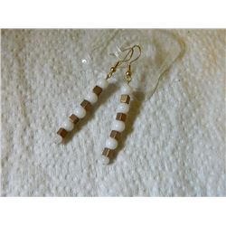 EARRINGS - NATURAL SNOW QUARTZ GEMSTONE BEADS, WHITE BEADS & BRASS CUBES - GOLD FINISH STAINLESS STE