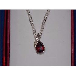 NECKLACE - 1.15CT PEAR FACETED GARNET & DIAMOND IN STERLING SILVER SETTING - BEZEL/PRESSURE SET - IN