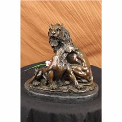 Relaxing Lions Bronze Statue on Marble Base figurine