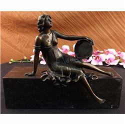 Young Maiden Perched with her Tambourine Bronze Statue on Marble Base Sculpture