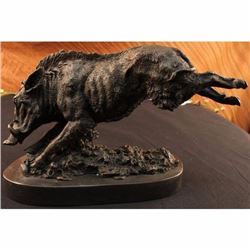 Wild Boar Jumping Bronze Figurine on Marble Base Sculpture