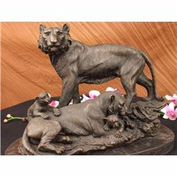 Lion Cougar Tiger Family Bronze Figurine on Marble Base Sculpture