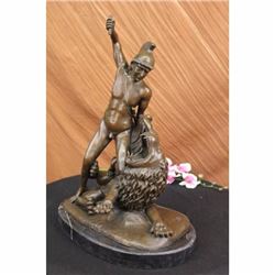 Brave Roman Warrior Attacks savage Beast Lion Bronze Sculpture
