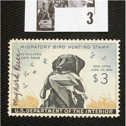 1959 U.S. Department of the Interior Migratory Bird Hunting Stamp, RW#26, light hinge, VF, Signed by
