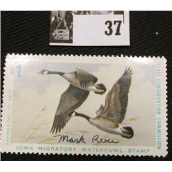 1974 Iowa State Conservation Commission Migratory Waterfowl Stamp, NH, VF, Signed by the Artist "Mar
